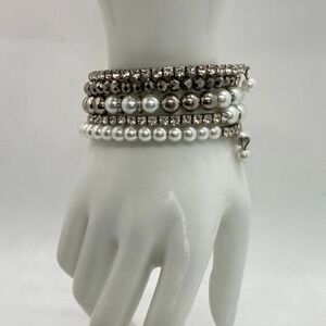 Imitation Pearl Rhinestone Stretch Bracelet Stack Silver Tone Beaded Jewelry